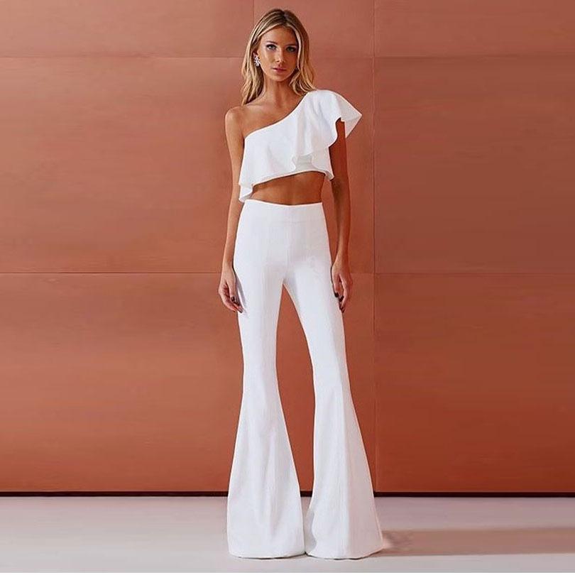 Sexy One Shoulder Midriff Baring Two Pieces Suits-Jumpsuits-White-S-Free Shipping Leatheretro