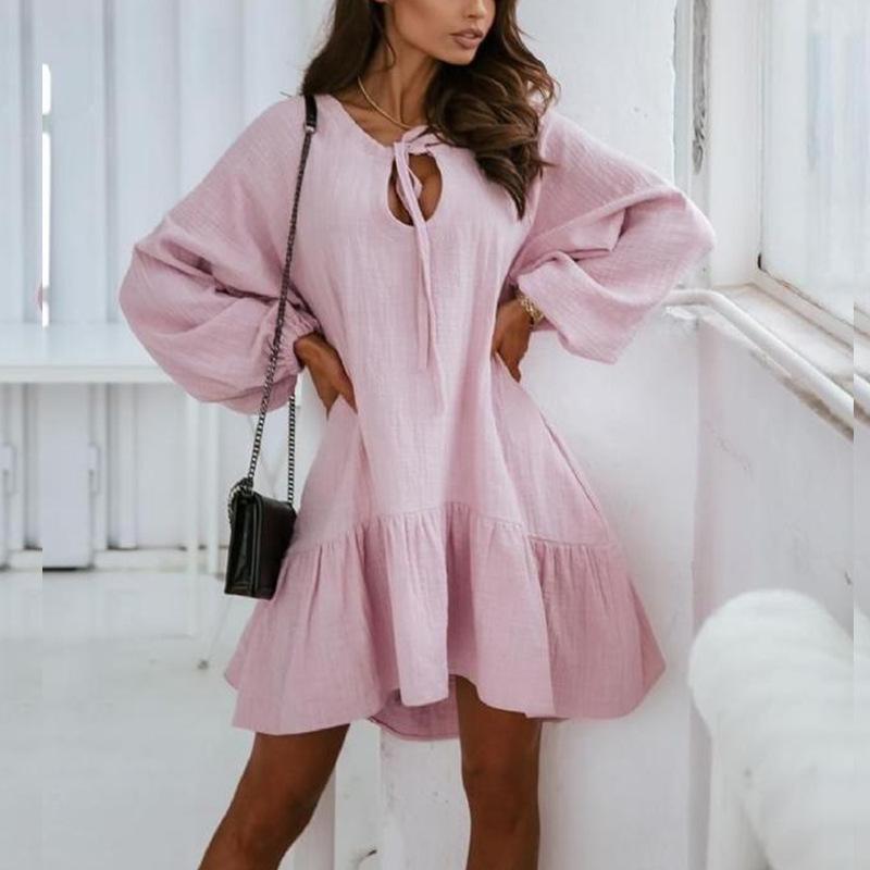 Women Lace Up Linen Long Sleeves Short Dresses-Casual Dresses-White-S-Free Shipping Leatheretro