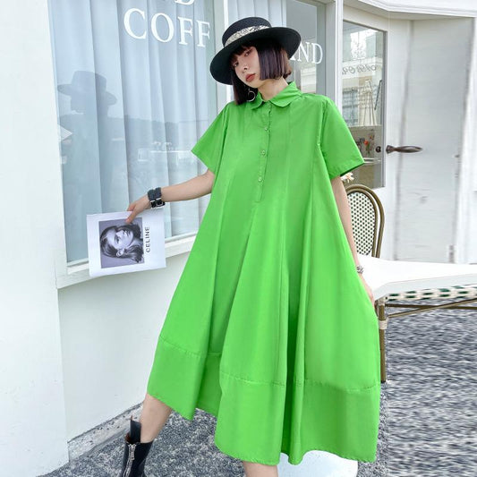 Classy Summer Short Sleeves Loose Dresses-Mini Dresses-Green-One Size-Free Shipping Leatheretro