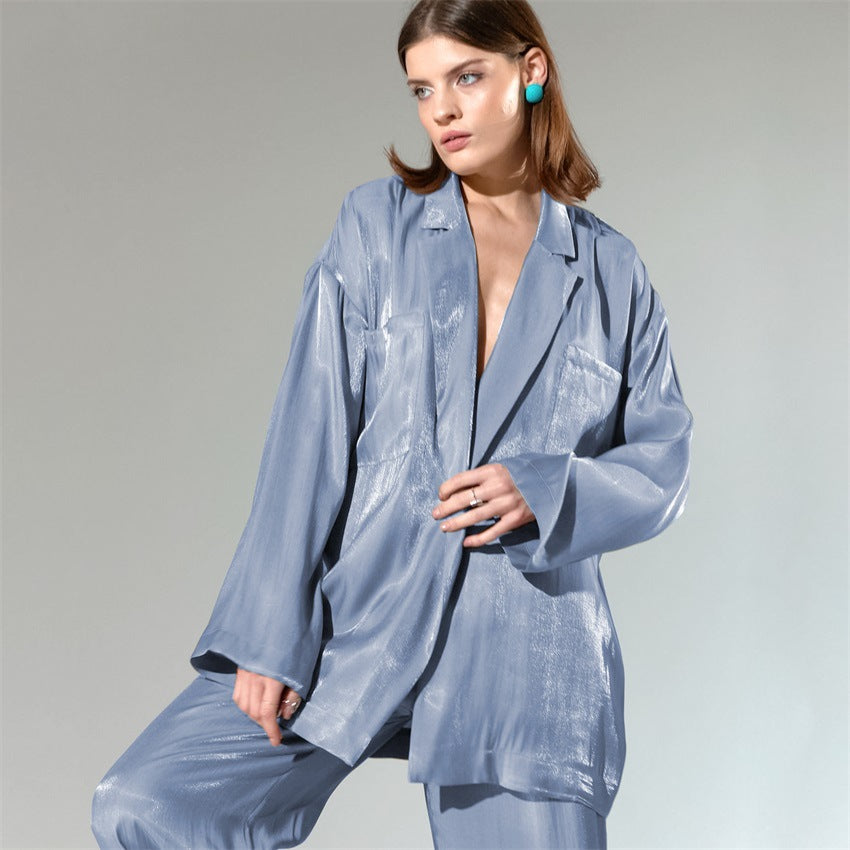 Casual Satin Women Long Sleeves Shirts and Wide Leg Pants-Suits-Blue-S-Free Shipping Leatheretro