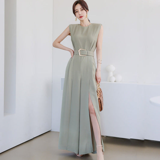 Summer Split Front Sleeveless Elegant Women Jumpsuits-Suits-Bean Green-S-Free Shipping Leatheretro