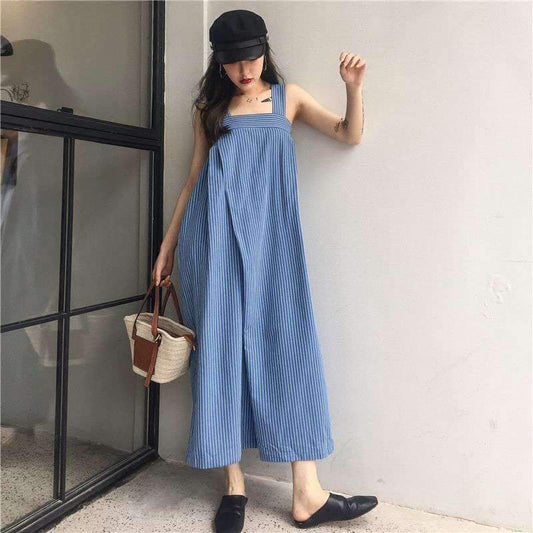 Fashion Loose High Waist Striped Leisure Jumpsuits-One Piece Suits-S-Blue-Free Shipping Leatheretro