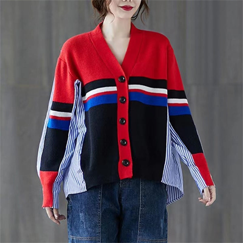 Vintage Long Sleeves Striped Knitting Women Cardigan Sweaters-Shirts & Tops-Red-One Size-Free Shipping Leatheretro