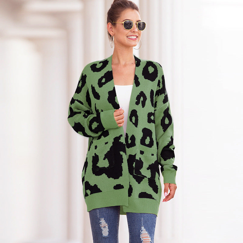 Women Leopard Design Pockets Knitting Cardigans-Shirts & Tops-Green-S-Free Shipping Leatheretro