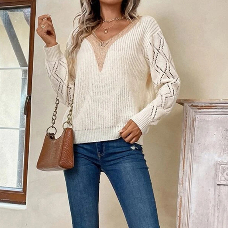 Casual V Neck Knitted Pullover Sweaters-Shirts & Tops-White-S-Free Shipping Leatheretro