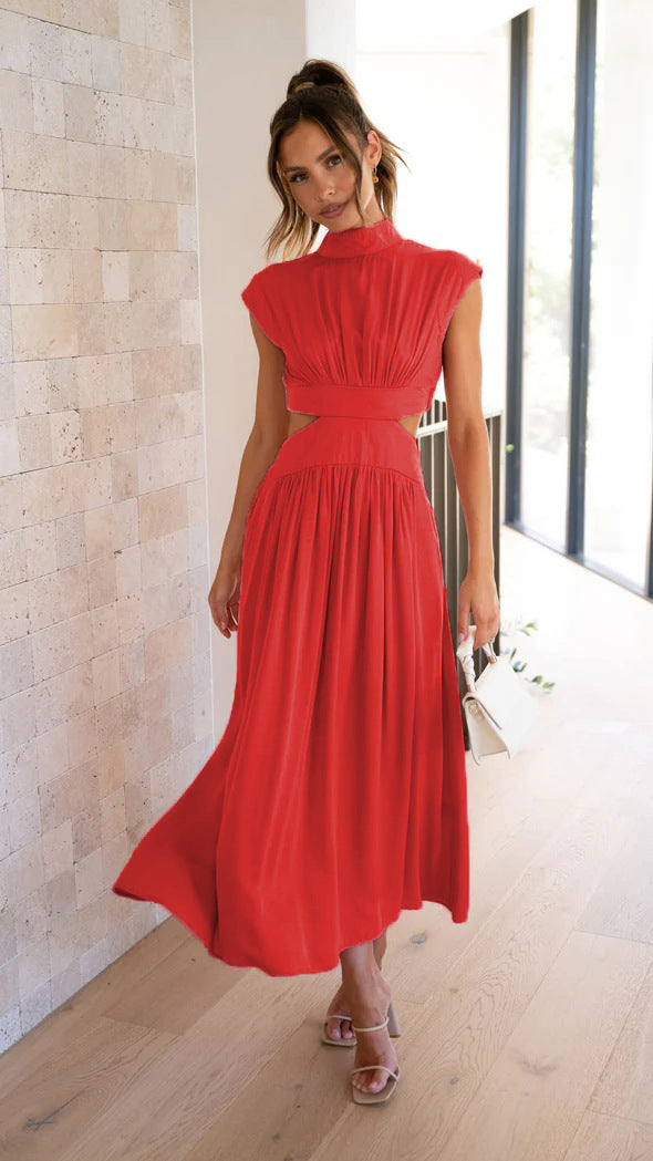 Fashion Stand Collar Waist Baring Summer Long Dresses-Dresses-Red-S-Free Shipping Leatheretro