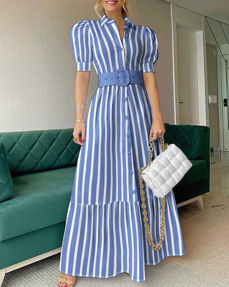 Elegant Short Sleeves Long Dresses with Belt-Maxi Dresses-Striped-S-Free Shipping Leatheretro