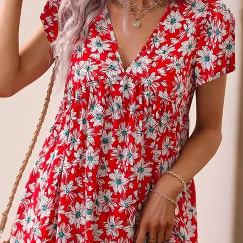 Casual V Neck High Waist Short Sleeves Summer Dresses-Dresses-Red-S-Free Shipping Leatheretro