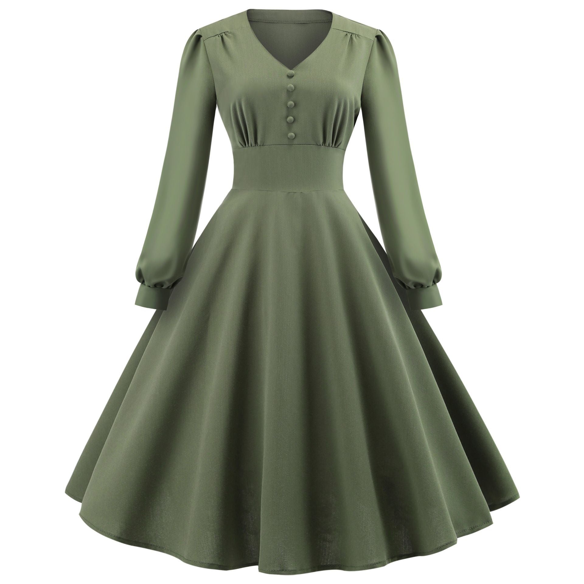 Vintage Long Sleeves Dresses with Button-Dresses-Army Green-S-Free Shipping Leatheretro