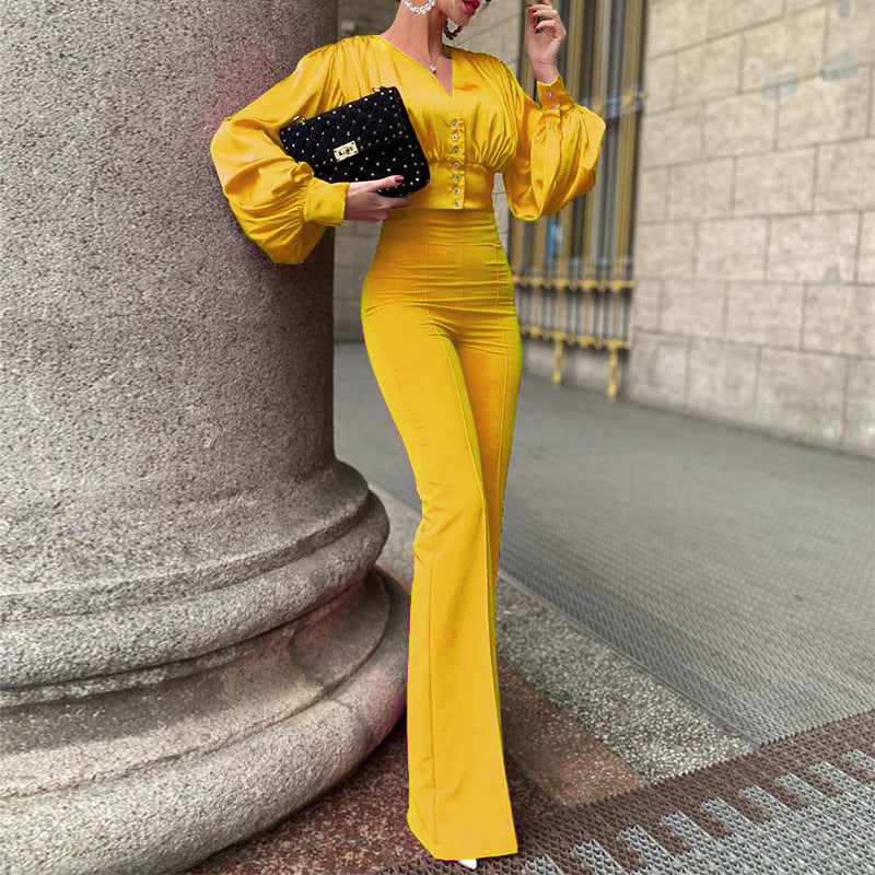Sexy Tight Shirts & Trumpet Pants Women 2pcs Outsuits-Suits-Yellow-S-Free Shipping Leatheretro