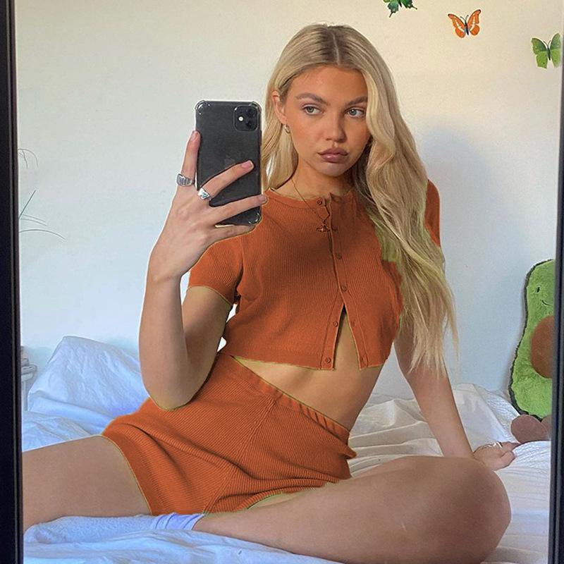 Women Casual Tops and Short Pants Suits-Sexy Dresses-Orange-S-Free Shipping Leatheretro