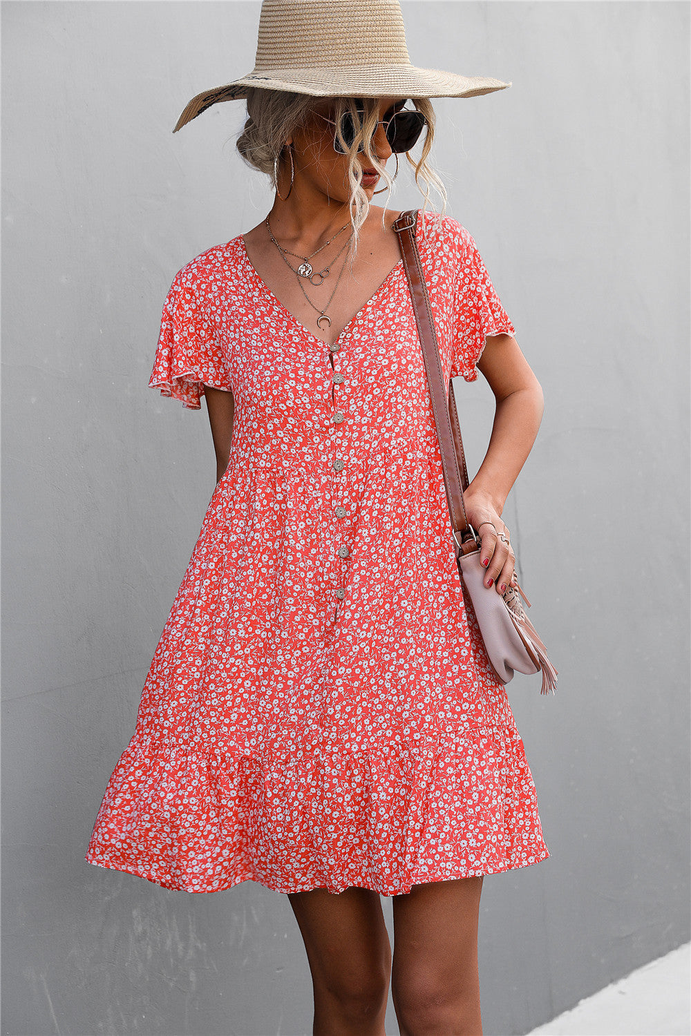 Leisure Floral Print Summer Short Dresses-Dresses-Red-S-Free Shipping Leatheretro
