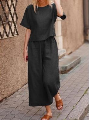 Leisure Women Loose Linen Two Pieces Suits-Two Pieces Suits-Black-S-Free Shipping Leatheretro
