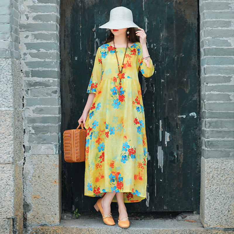 Ethinc Line Summer Half Sleeves Women Long Dresses-Dresses-Yellow（887）-M-Free Shipping Leatheretro