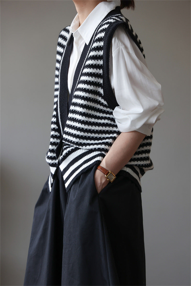 Vintage Designed Striped Knitted Top Vest-Vests-Black-One Size-Free Shipping Leatheretro