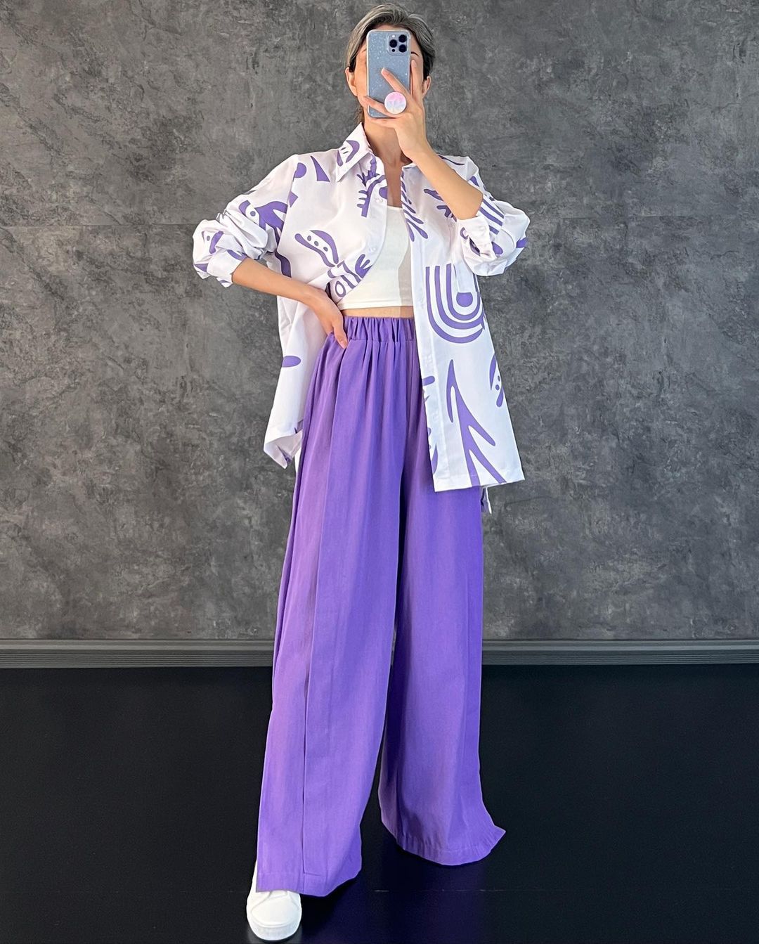 Casual Floral Print Long Sleeves Shirts & High Waist Pants-Suits-Purple-M-Free Shipping Leatheretro