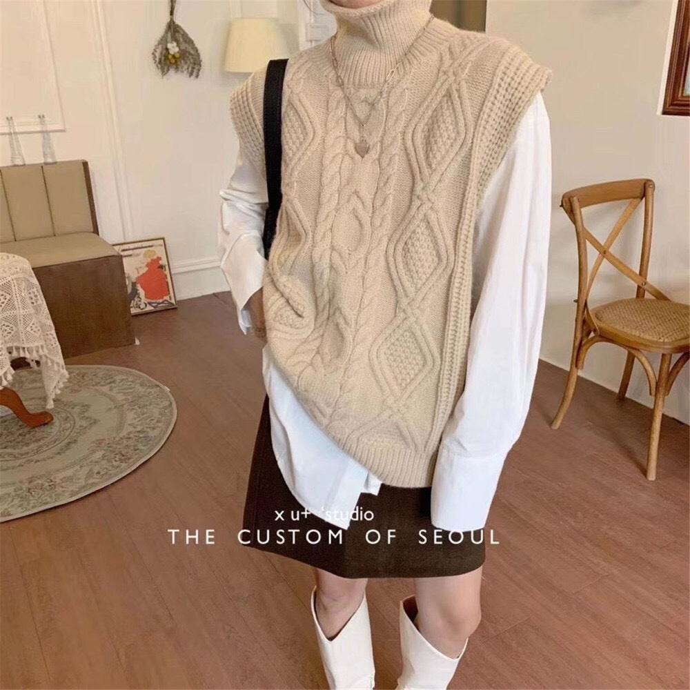 Winter Turtleneck Knitting Vest for Women-vest-Khaki-One Size-Free Shipping Leatheretro