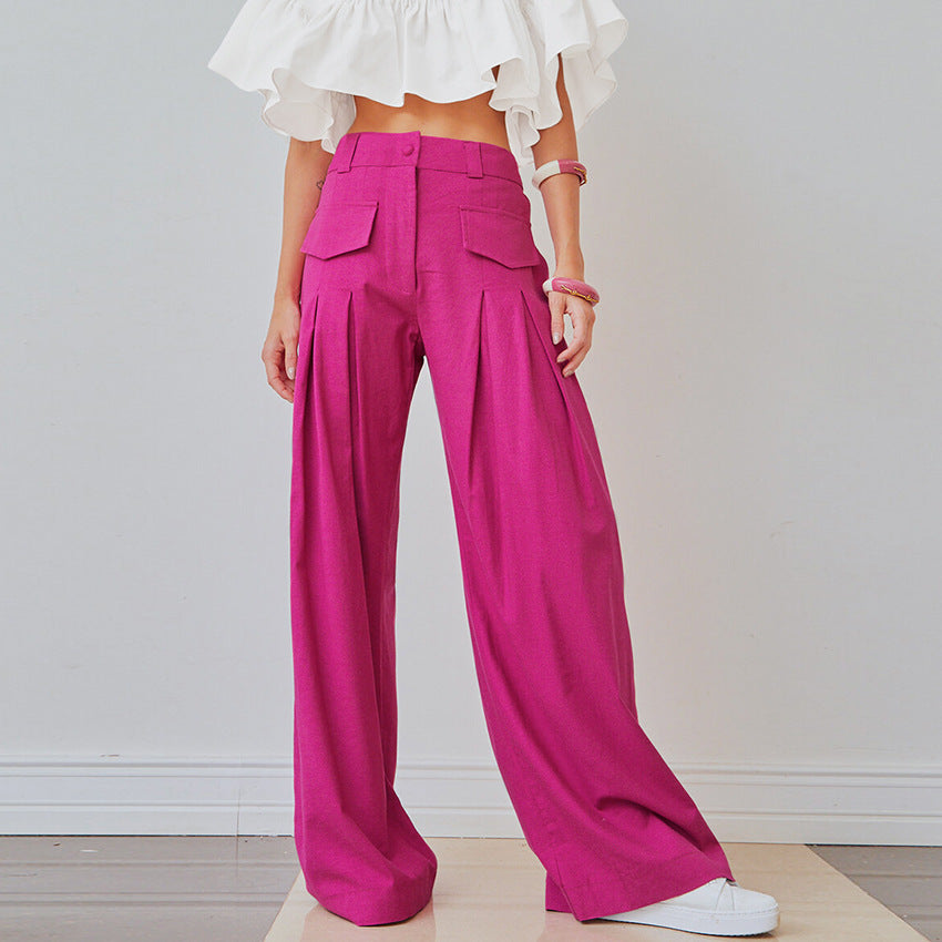 Rose Red High Waist Wide Legs Pants for Women-Pants-Rose Red-S-Free Shipping Leatheretro