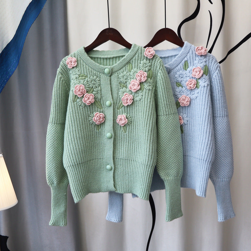 3D Knitting Rose Design Sweetly Knitted Overcoats-Shirts & Tops-Blue-One Size-Free Shipping Leatheretro