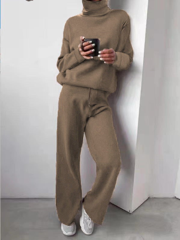 Casual High Neck Two Pieces Knitted Tops & Wide Legs Pants-Suits-Light Khaki-S-Free Shipping Leatheretro