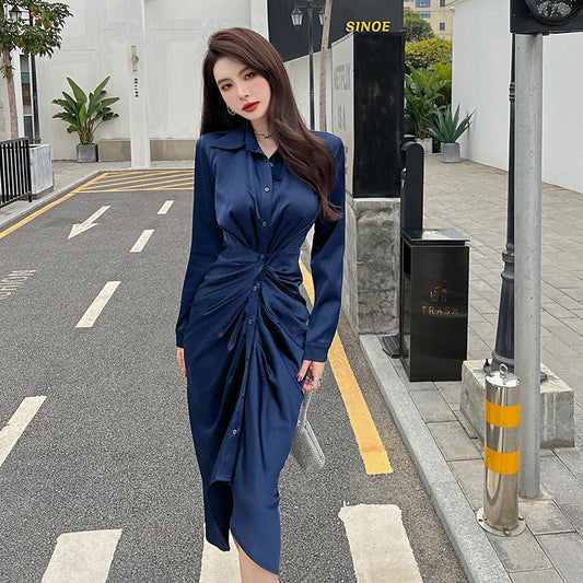 Elegant Women Slim Waist Long Sleeves Shirts Dresses-Dresses-Blue-S-Free Shipping Leatheretro