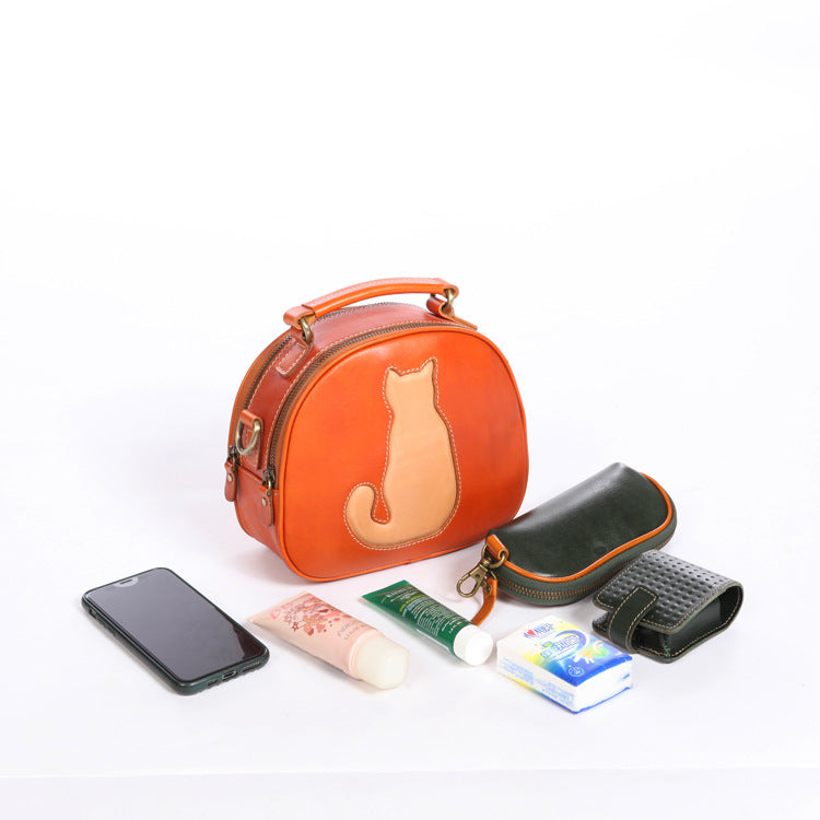 Cute Cat Design Handmade Vege Tanned Leather Bag for Women-Handbags-Wine Red-Free Shipping Leatheretro