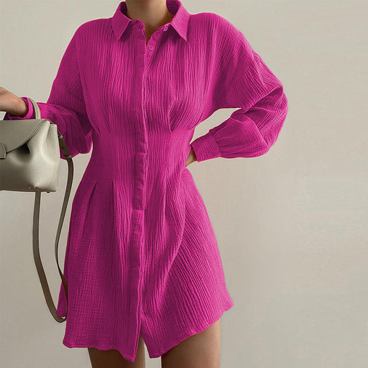 Rose Red Cotton Long Sleeves Short Women Shrit Dresses-Dresses-Rose Red-S-Free Shipping Leatheretro