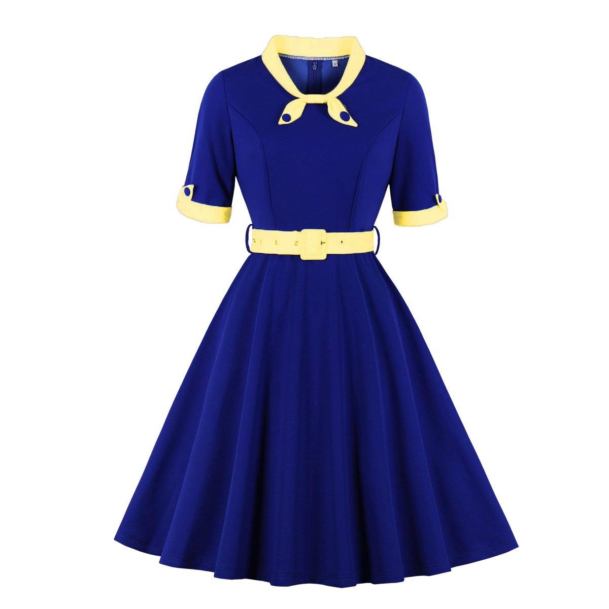 Women Vintage Short Sleeves Midi Dresses-Vintage Dresses-Blue Yellow-S-Free Shipping Leatheretro