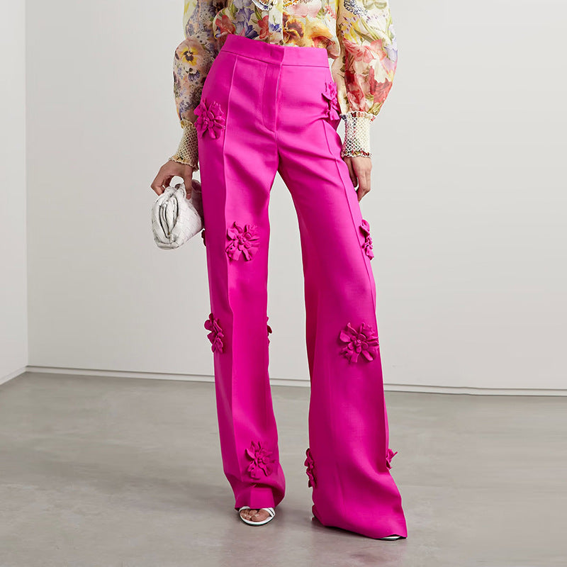 Luxury Designed 3d Floral Blazers & Trumpet Pants-Suits-Pink Pants-S-Free Shipping Leatheretro