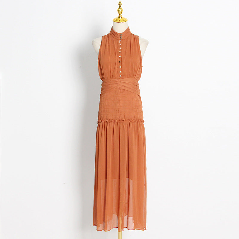 Chiffon High Neck Sleeveless Long Dresses-Dresses-Orange-S-Free Shipping Leatheretro