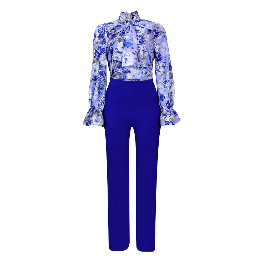 Fashion Plus Sizes Women Long Sleeves Shirts & Pants-Suits-Blue-S-Free Shipping Leatheretro