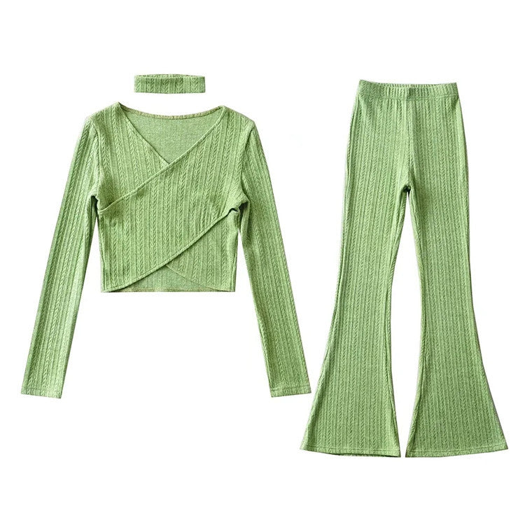 Sexy Designed Knitting Tops and High Waist Trumpet Pants-Suits-Green-S-Free Shipping Leatheretro