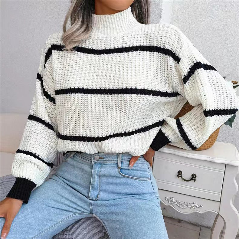 Fashion Striped High Neck Knitted Pullover Sweaters-Shirts & Tops-White-One Size-Free Shipping Leatheretro