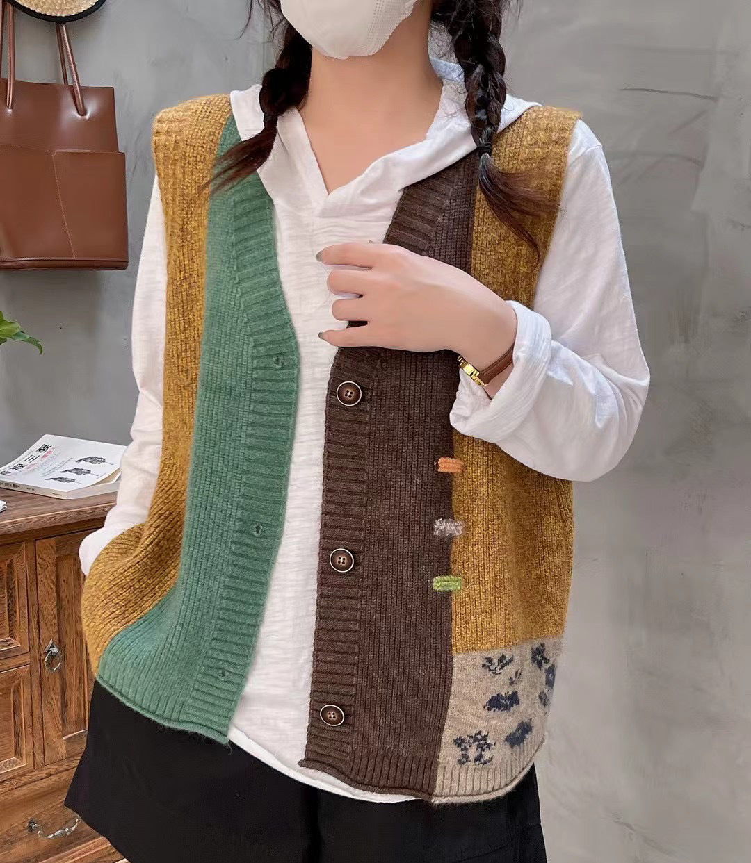 Designed Vintage V Neck Wool Knitted Vest Tops-Coats & Jackets-Yellow-One Size-Free Shipping Leatheretro