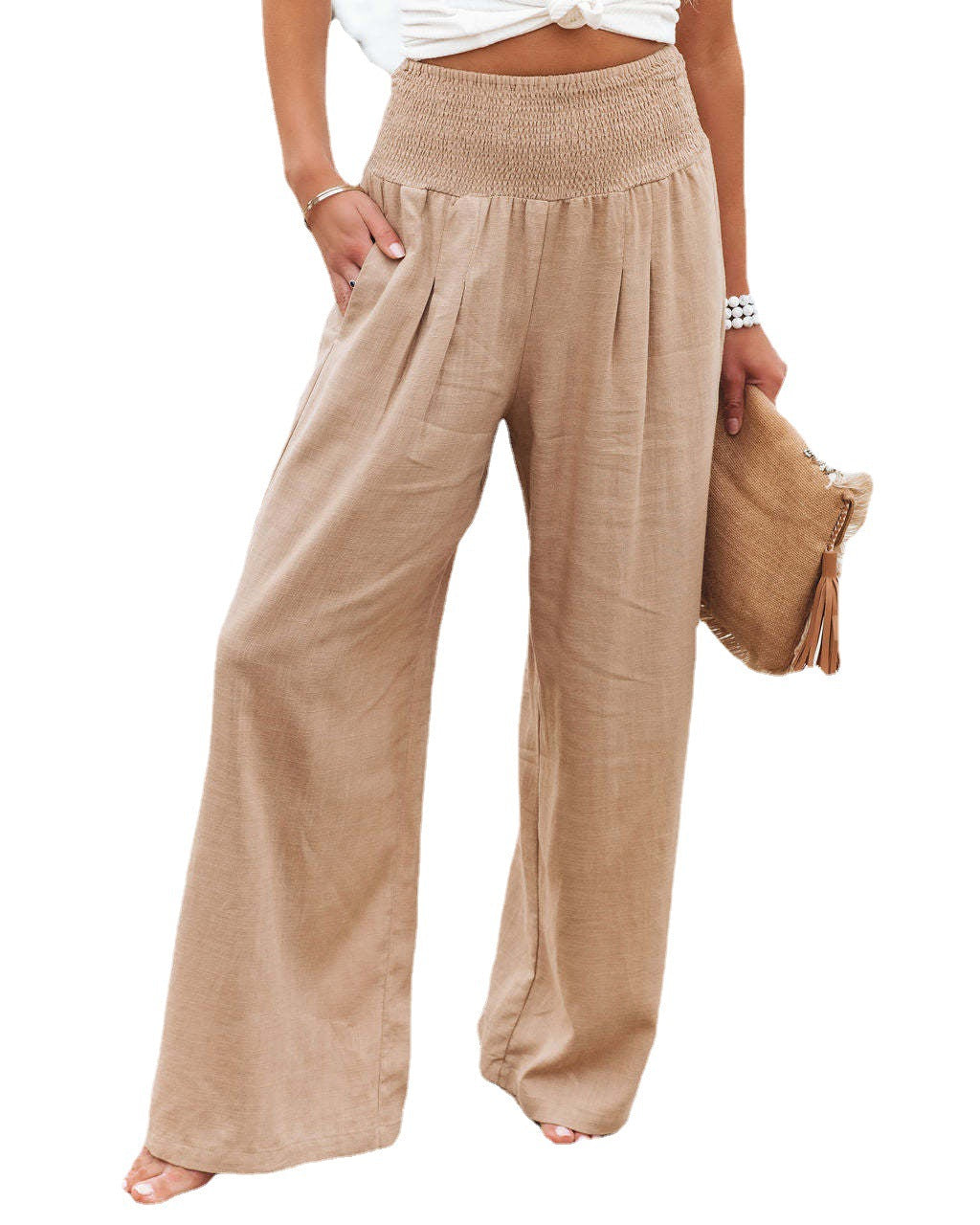 Casual Elastic Waist Linen Wide Legs Pants-Pants-White-S-Free Shipping Leatheretro