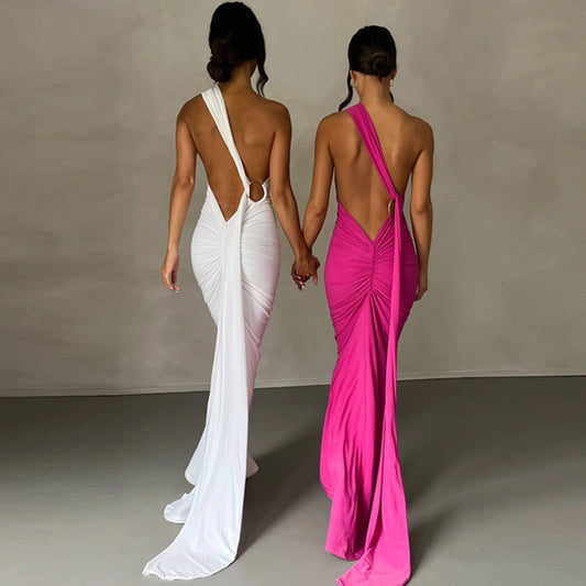 Sexy One Shoulder Sleeveless Long Evening Party Dresses-Dresses-White-S-Free Shipping Leatheretro