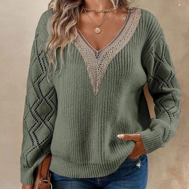 Casual V Neck Knitted Pullover Sweaters-Shirts & Tops-Green-S-Free Shipping Leatheretro