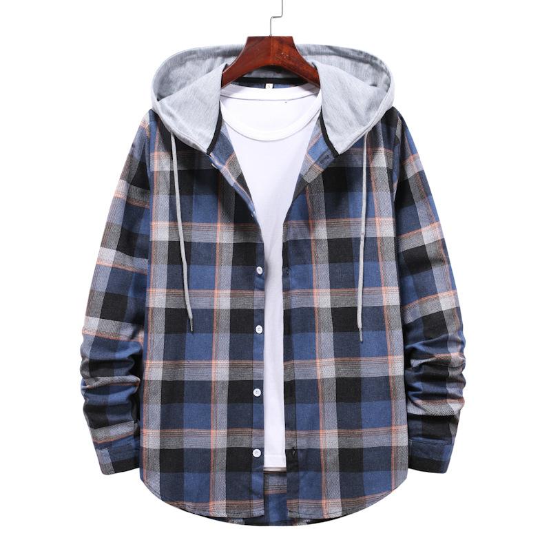 Casual Plaid Fall Men Long Sleeves Shirts-Men Tops-Blue-S-Free Shipping Leatheretro