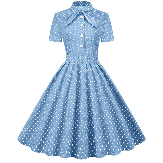 Vintage Polka Dot Short Sleeves Dresses-Dresses-Light Blue-S-Free Shipping Leatheretro