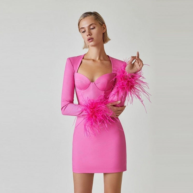 Sexy Square Neckline Feather Design Mini Dresses-Dresses-Rose Red-XS-Free Shipping Leatheretro