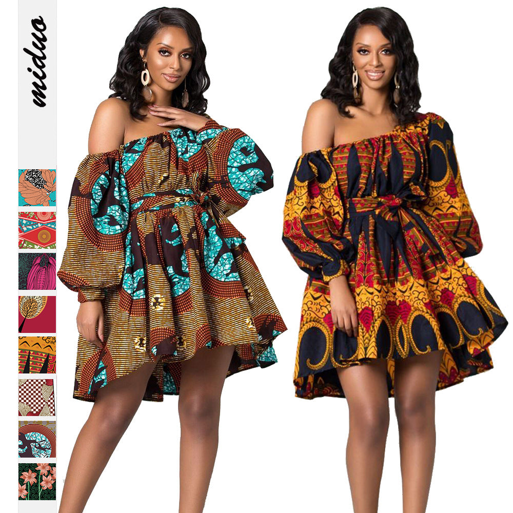 Designed African One Shoulder Long Sleeves Short Dresses-Dresses-80239001-S-Free Shipping Leatheretro
