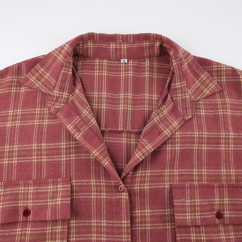 Vintage Red Plaid Long Sleeves Shirts-Shirts&Blouses-Red-S-Free Shipping Leatheretro