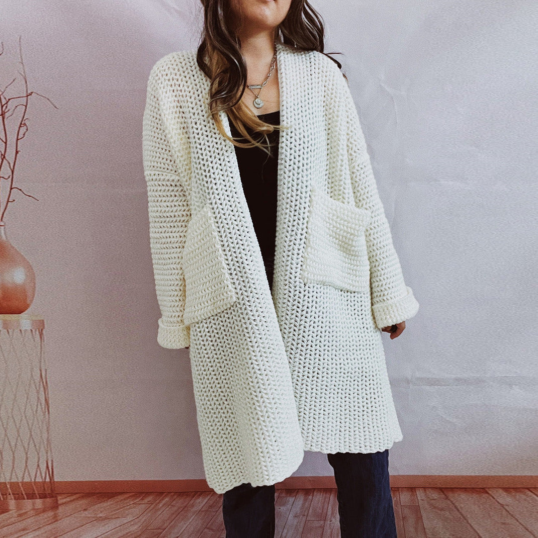 Casual Long Knitted Coats with Large Pockets-Outerwear-白色-S-Free Shipping Leatheretro