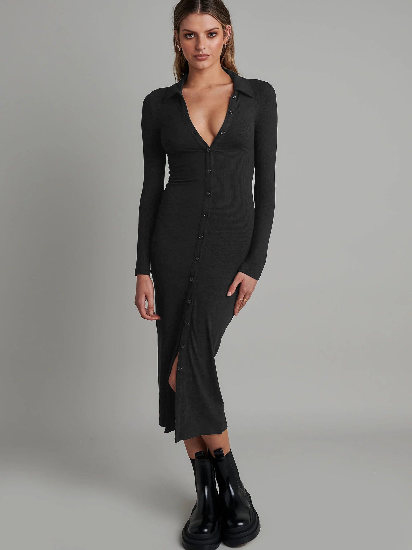 Sexy Long Sleeves Midi Length Sheath Dresses-Dresses-Black-S-Free Shipping Leatheretro