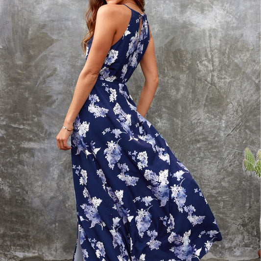Summer Halter Floral Print Long Maxi Dresses-Dresses-Black-S-Free Shipping Leatheretro