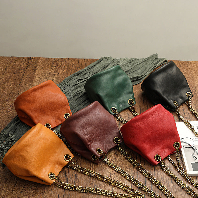 Vintage Vege Tanned Leather Bucket Bag with Chains 21032-Yellow-Free Shipping Leatheretro