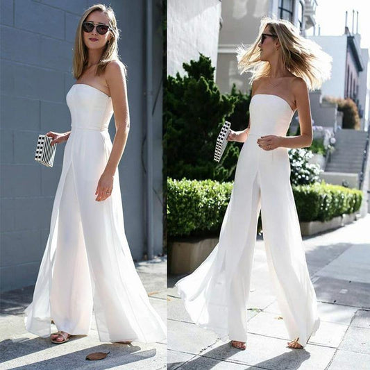 White Women Strapless Chiffon Jumpsuits-One Piece Suits-White-S-Free Shipping Leatheretro