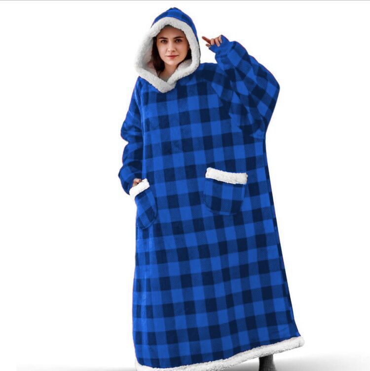 Winter Fleece Warm Long Hoodies Blanket-Sleepwear & Loungewear-Blue Plaid-120cm-Free Shipping Leatheretro