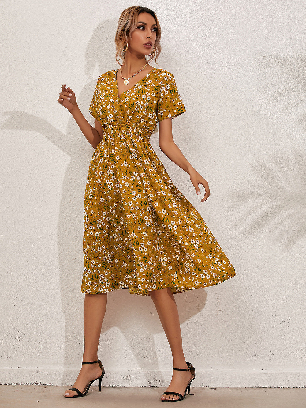 Summer Floral Print Short Sleeves Summer Daily Dresses-Dresses-Yellow-S-Free Shipping Leatheretro