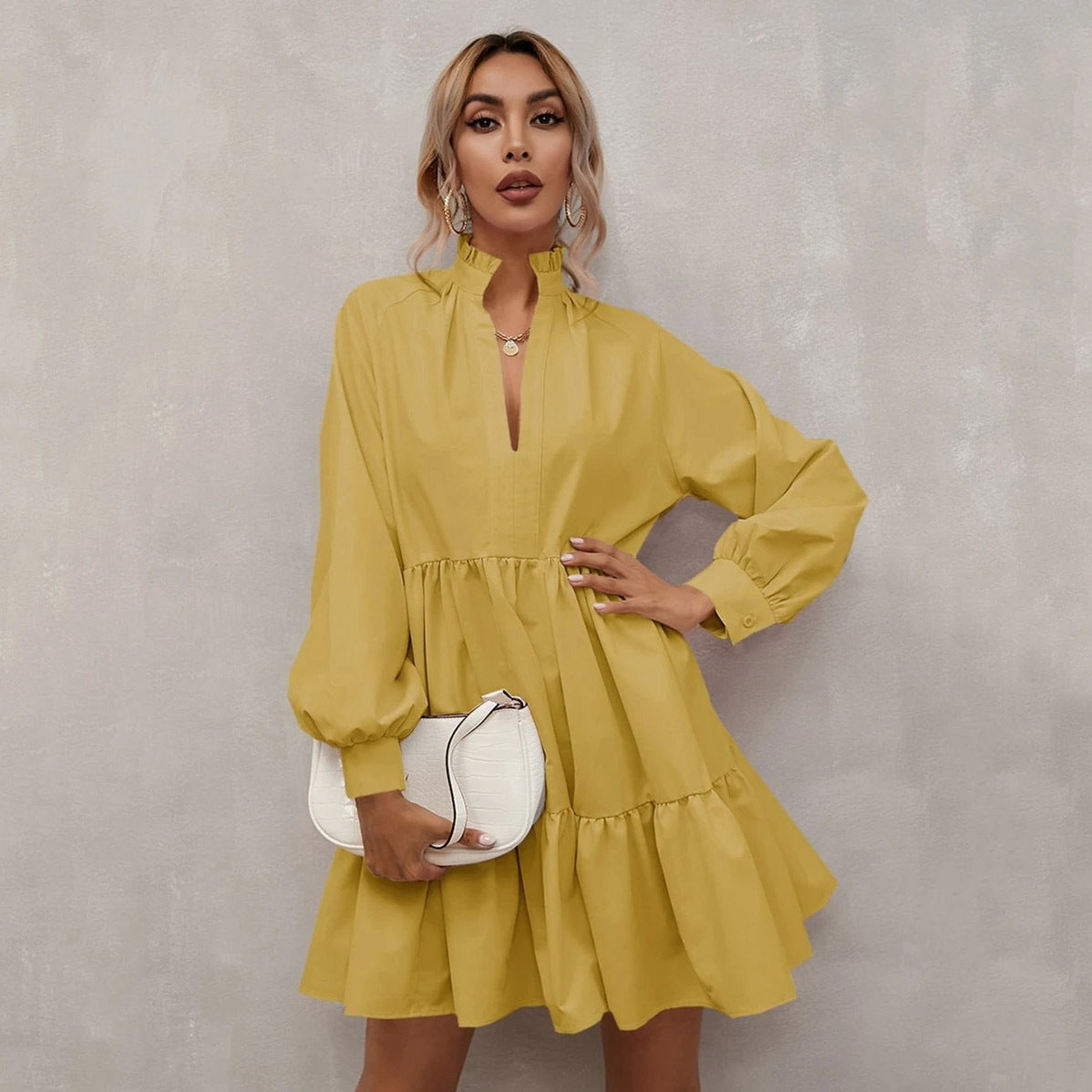 Casual Long Sleeves Daily Dresses-Dresses-Yellow-XS-Free Shipping Leatheretro